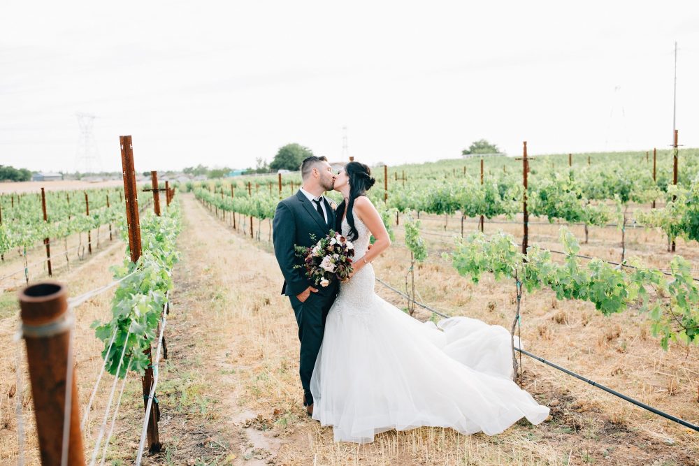 Bride and groom kissing in the vineyard